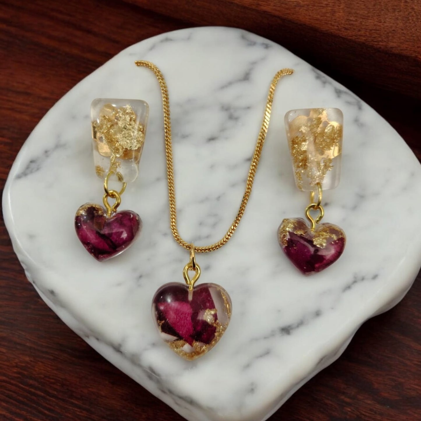 Heart  pendant+earrings for real Rose