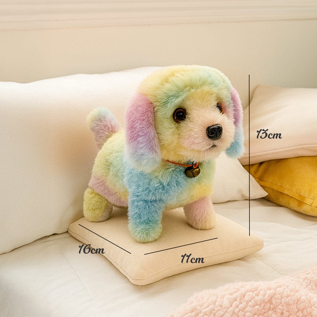 Colorful dog plush toy with bell collar.