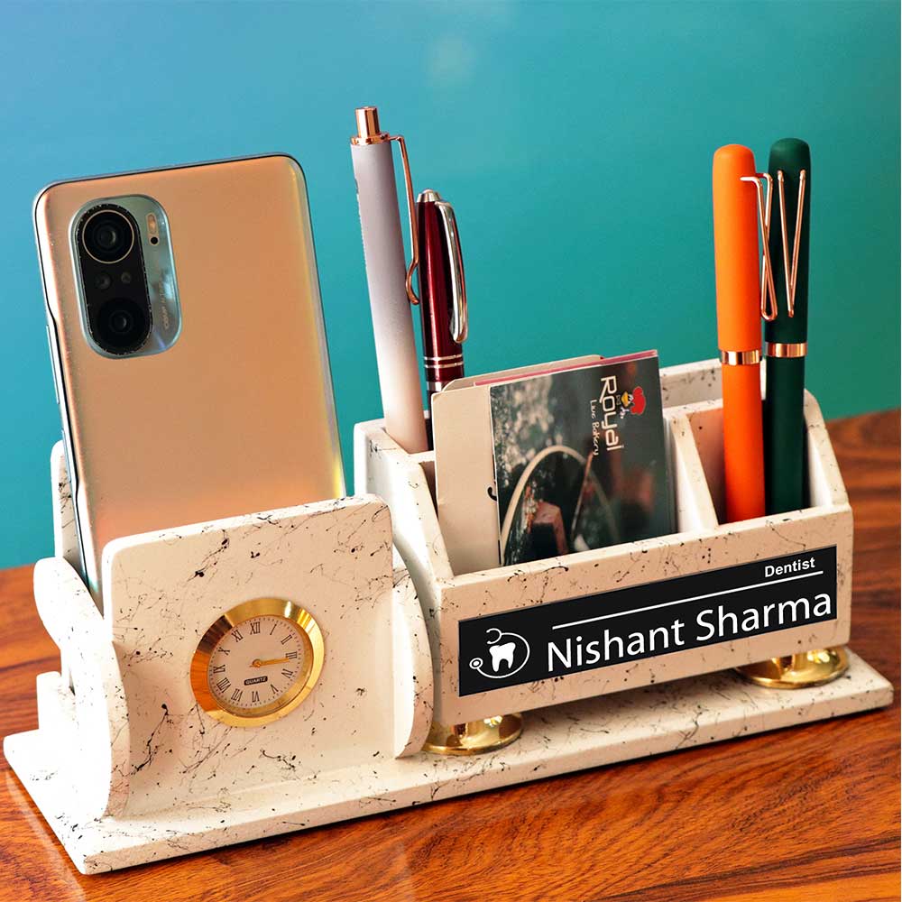 Customized Wooden Pen Stand With Clock And Name
