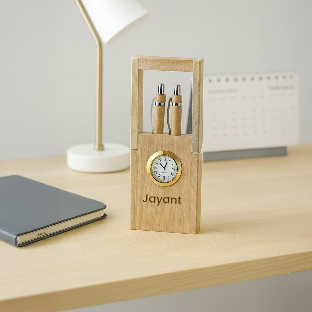 Personalized Wooden Clock Pen Stand with 2 Pens.