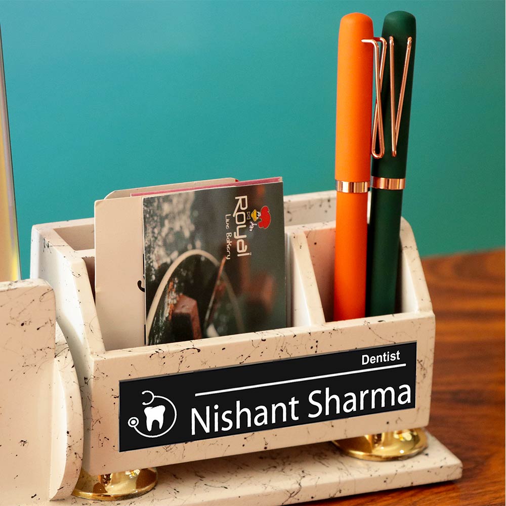 Customized Wooden Pen Stand With Clock And Name