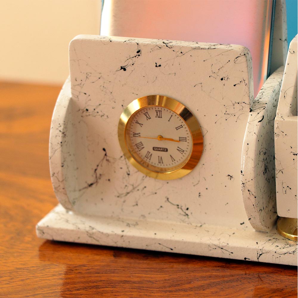 Customized Wooden Pen Stand With Clock And Name