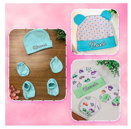 Personaloized Baby Caps, Mittens & Booties for Infants| 3 Caps, 2 Booties & 2 Mittens