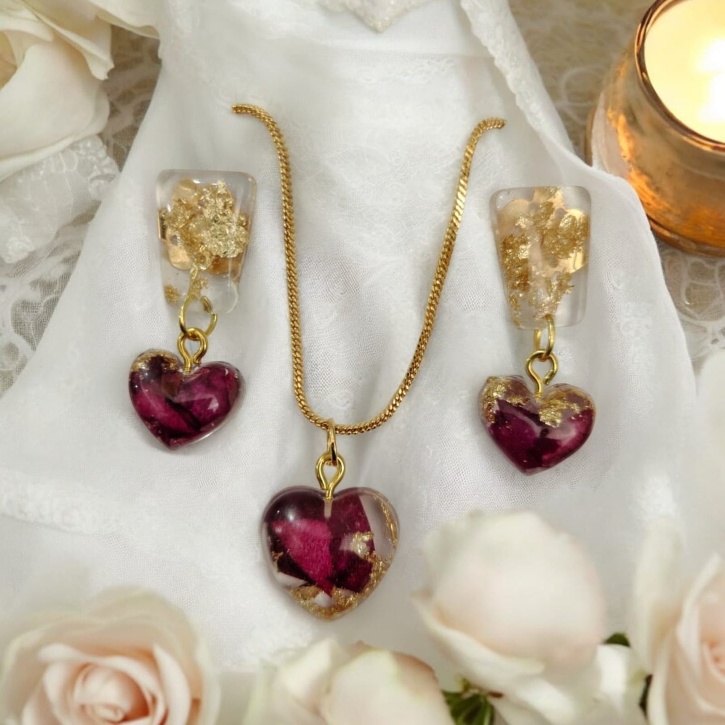 Heart  pendant+earrings for real Rose