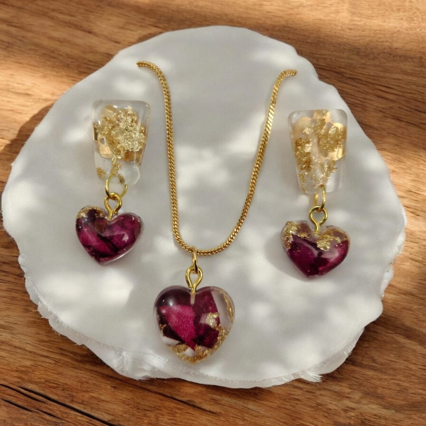 Heart  pendant+earrings for real Rose