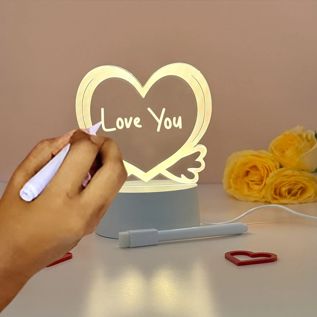 3D ACRYLIC HEART SHAPED NIGHT LIGHTS LED NOTE BOARD WITH PEN