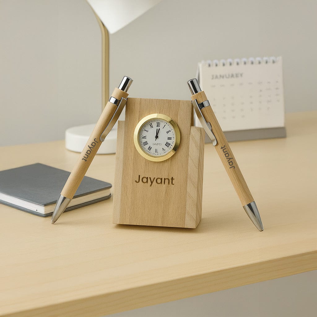 Personalized Wooden Clock Pen Stand with 2 Pens.