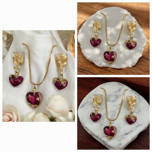 Heart  pendant+earrings for real Rose