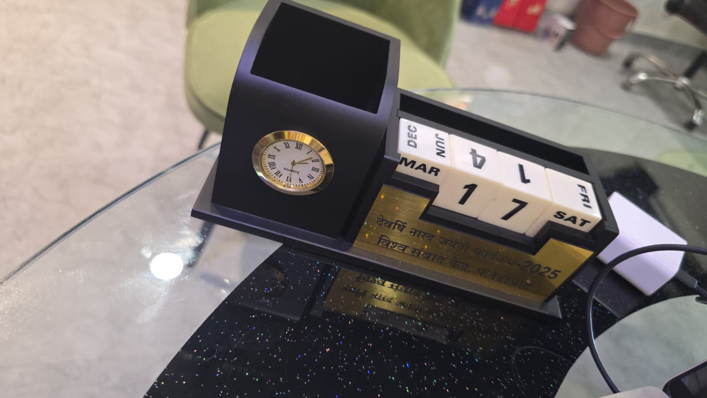 Personalized Wooden Pen Stand With Clock And Calendar