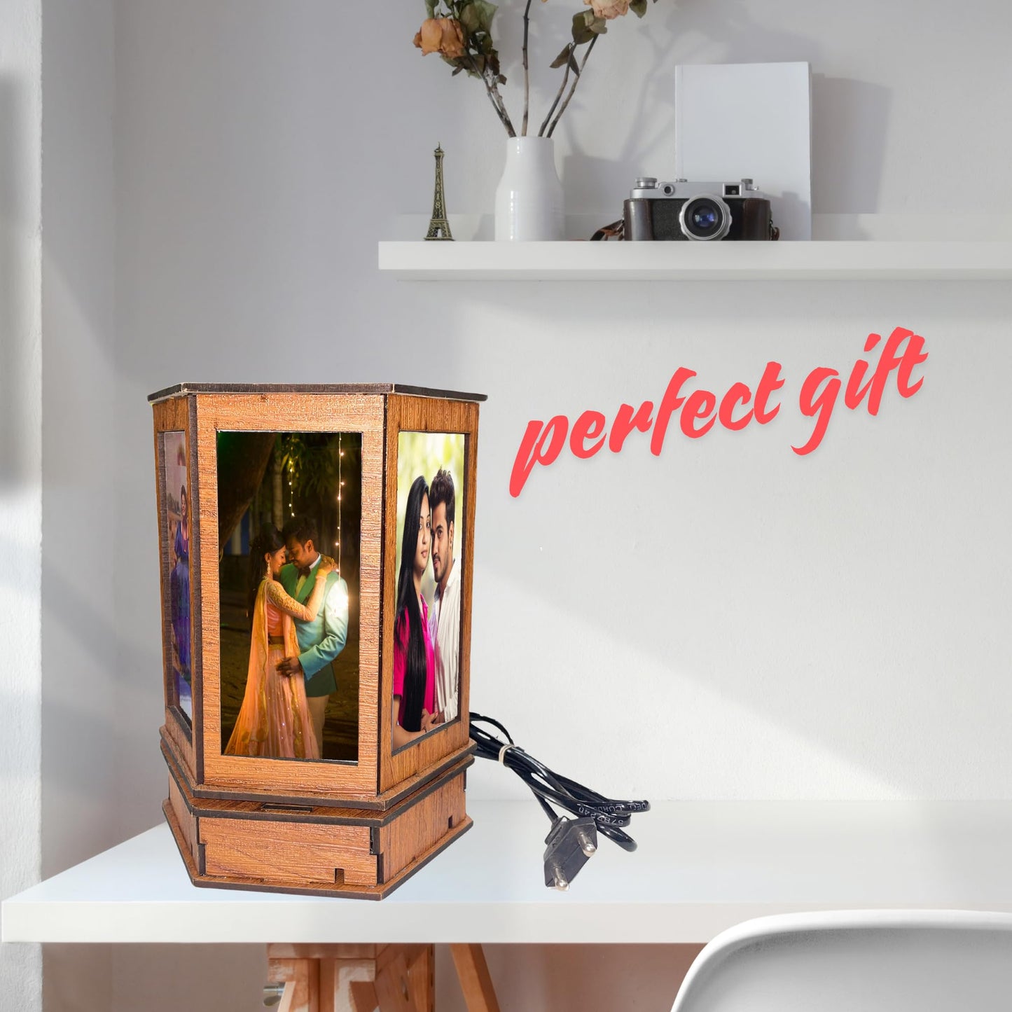 7 Photo Personalized Wooden Rotating LED Lamp for Gifts on Birthday, Anniversary, Wedding,