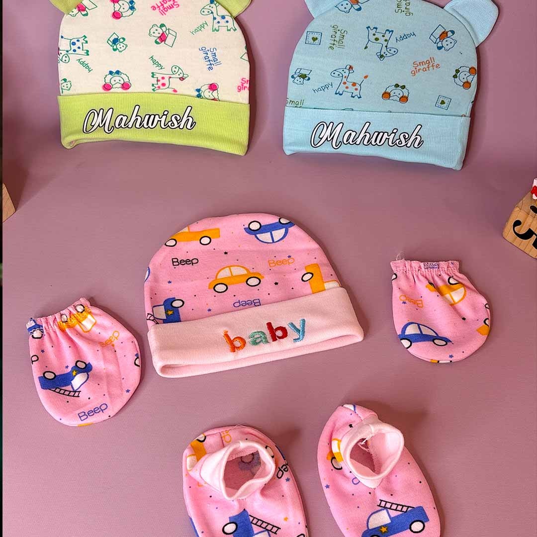 Customize Newborn Baby Cotton Cap, Mitten and Booties Combo Set