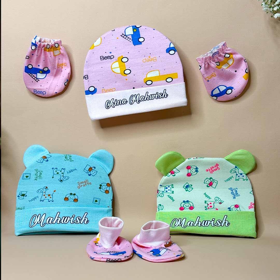 Customize Newborn Baby Cotton Cap, Mitten and Booties Combo Set
