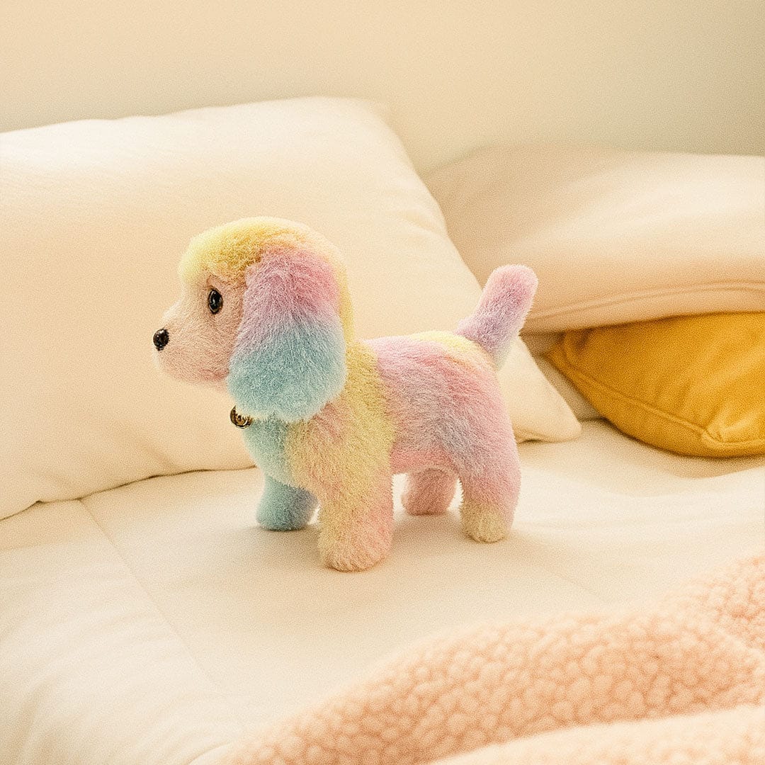 Colorful dog plush toy with bell collar.
