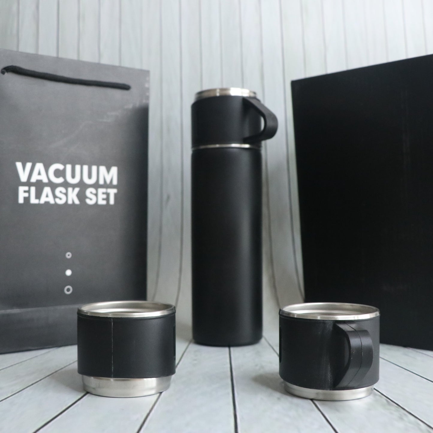 Customise Black flask cup set