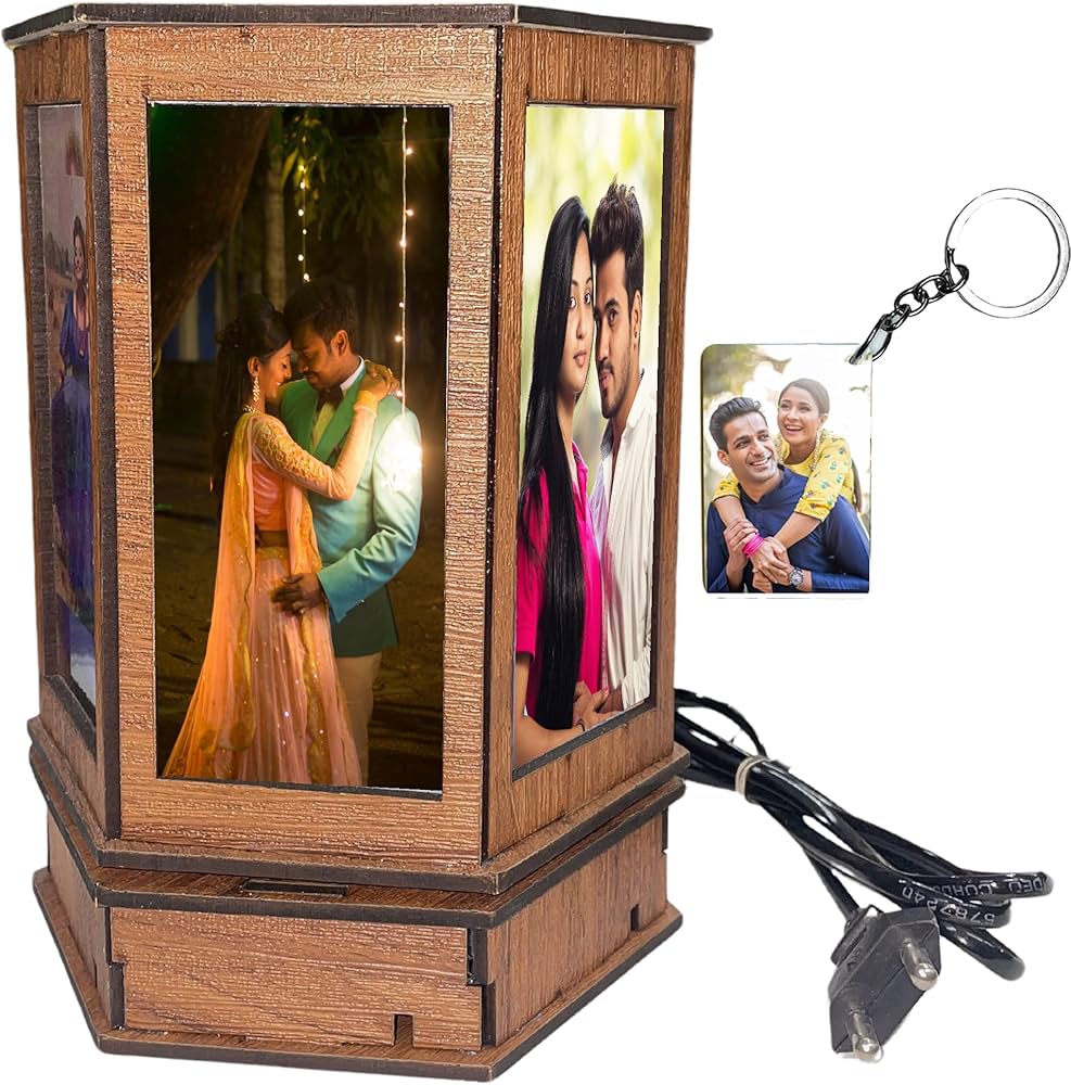 7 Photo Personalized Wooden Rotating LED Lamp for Gifts on Birthday, Anniversary, Wedding,