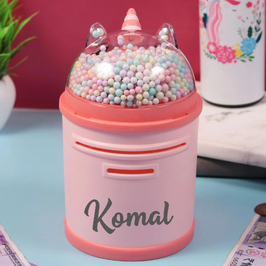 PERSONALIZED PLASTIC PIGGY BANK -UNICORN DESIGN GULLAK FOR GIRLS