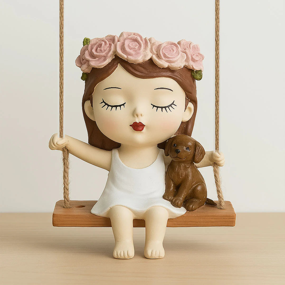 Swing Girl Planter with Puppy
