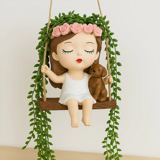 Swing Girl Planter with Puppy