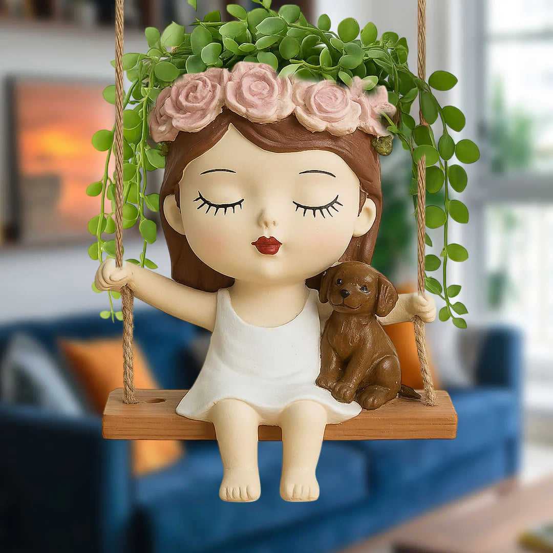 Swing Girl Planter with Puppy