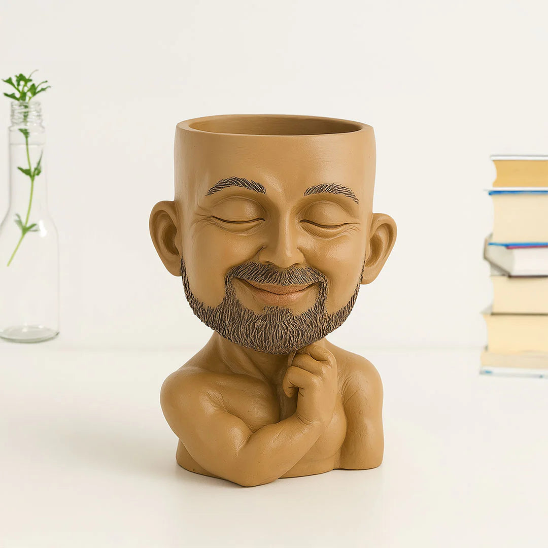 Smiling Monk Face Ceramic Planter