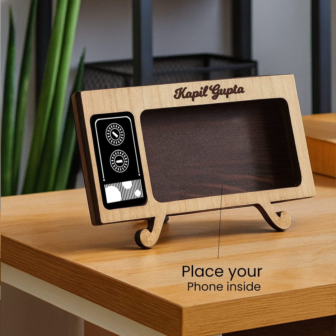 Personalized Retro Wooden Mobile Stand - 8x4" Vintage TV.