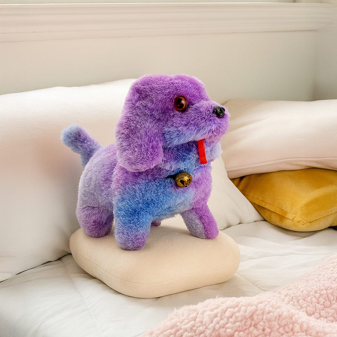 Colorful dog plush toy with bell collar.