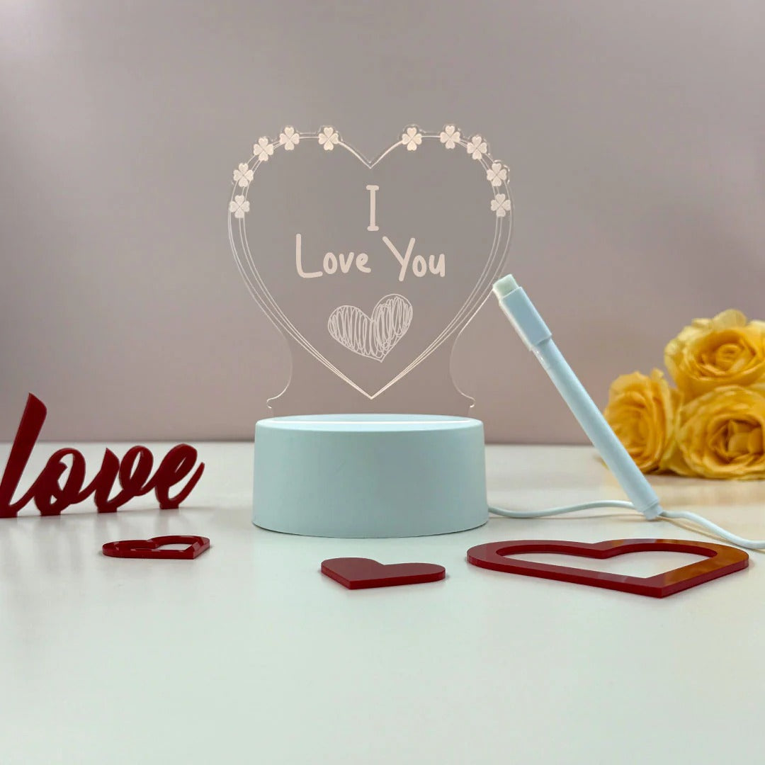 3D ACRYLIC HEART SHAPED NIGHT LIGHTS LED NOTE BOARD WITH PEN