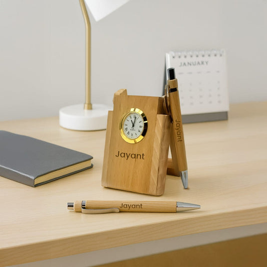 Personalized Wooden Clock Pen Stand with 2 Pens.