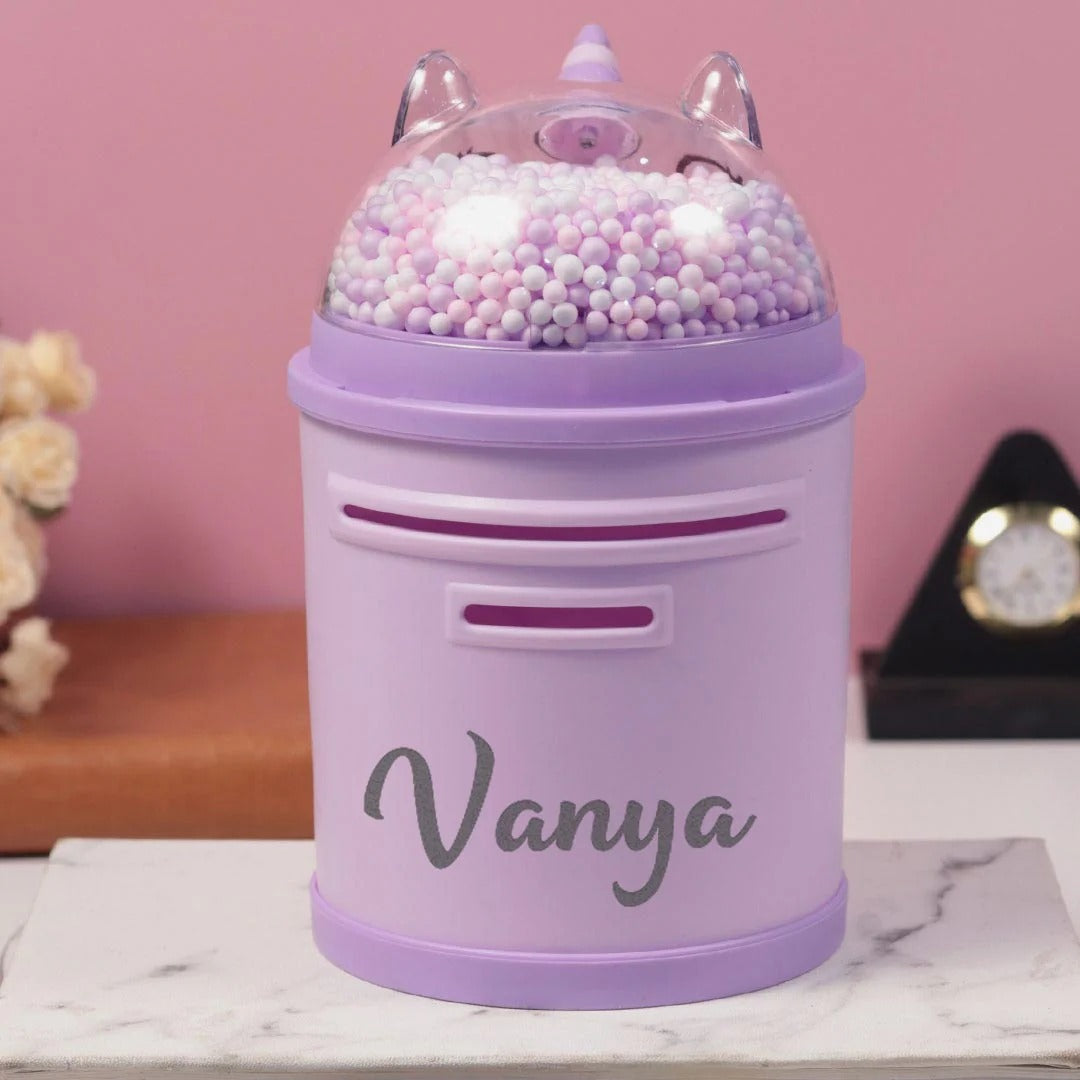 PERSONALIZED PLASTIC PIGGY BANK -UNICORN DESIGN GULLAK FOR GIRLS