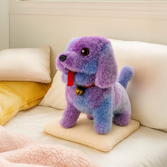 Colorful dog plush toy with bell collar.