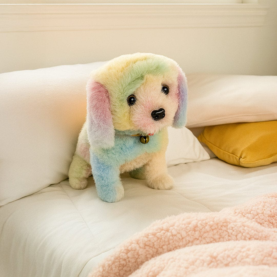 Colorful dog plush toy with bell collar.