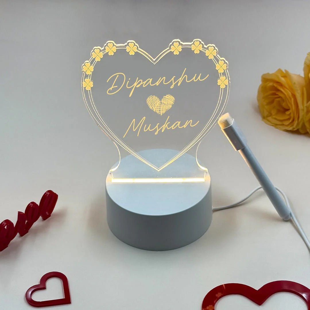 3D ACRYLIC HEART SHAPED NIGHT LIGHTS LED NOTE BOARD WITH PEN