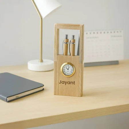 Personalized Wooden Clock Pen Stand with 2 Pens