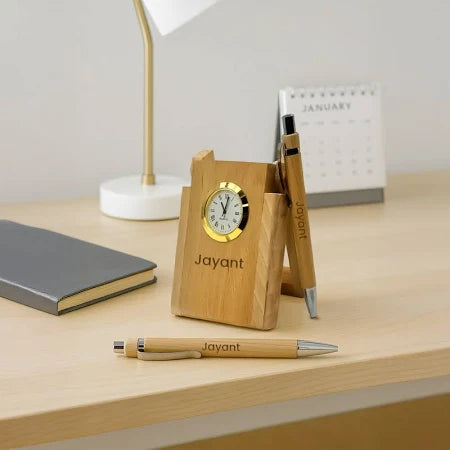 Personalized Wooden Clock Pen Stand with 2 Pens