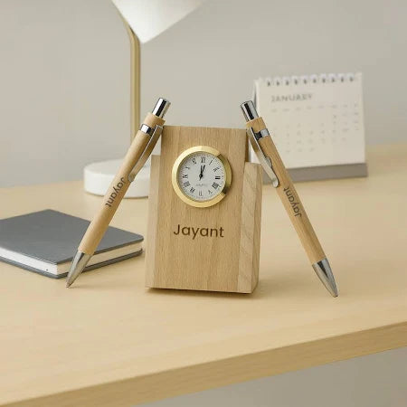 Personalized Wooden Clock Pen Stand with 2 Pens