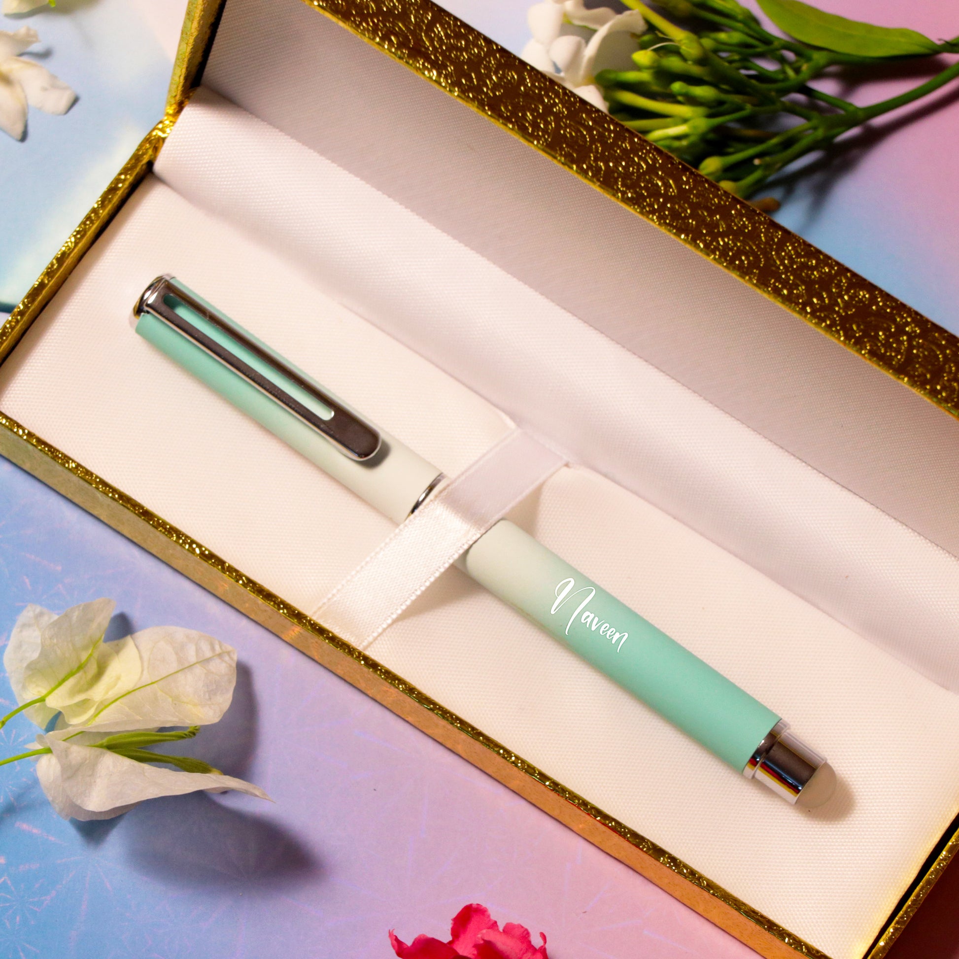 Premium Metallic Ball Pen With Box - Green Cyan