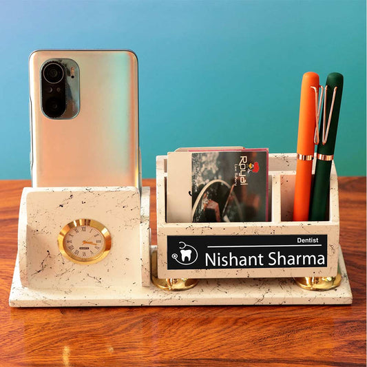 Customized Wooden Pen Stand With Clock And Name