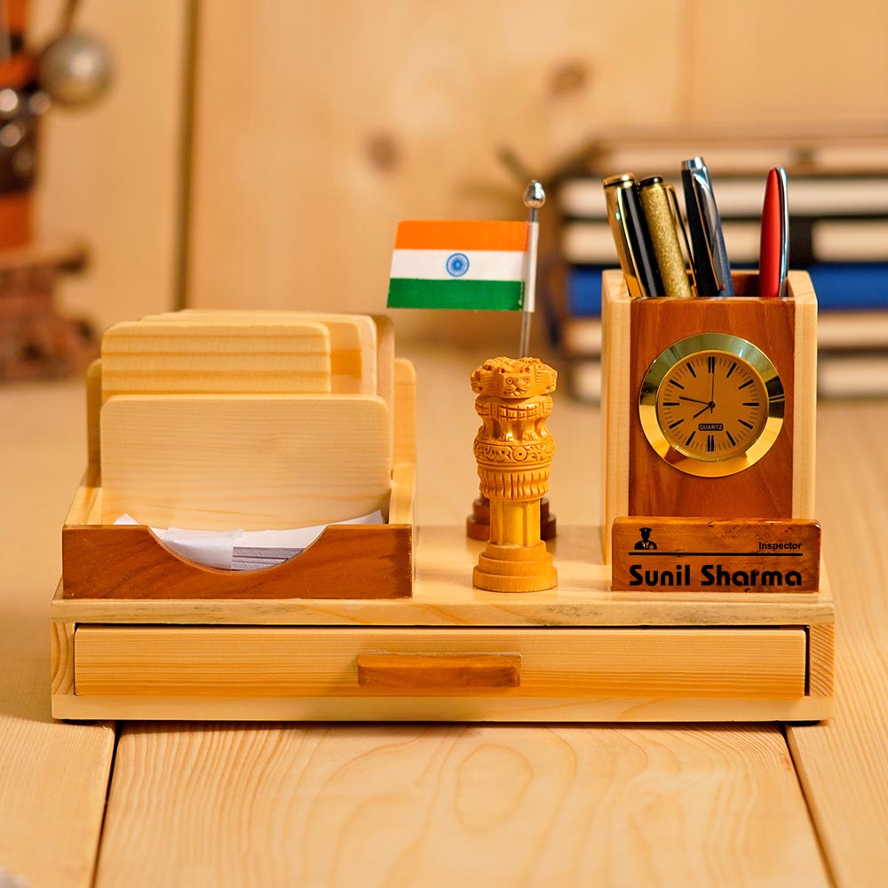 Wooden Pen Stand With Clock, Indian Flag And Ashok Pillar