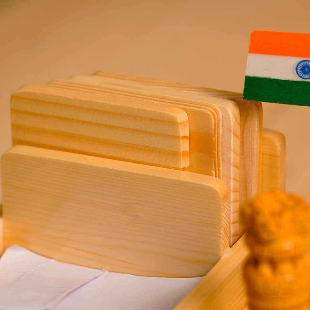 Wooden Pen Stand With Clock, Indian Flag And Ashok Pillar