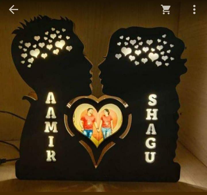 Wooden Couple Led Lamp with Name & Photo-15x15