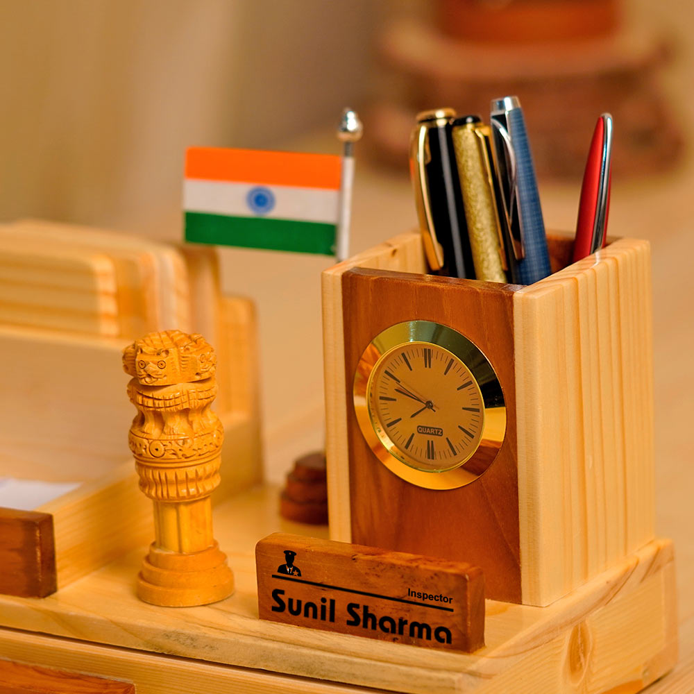 Wooden Pen Stand With Clock, Indian Flag And Ashok Pillar