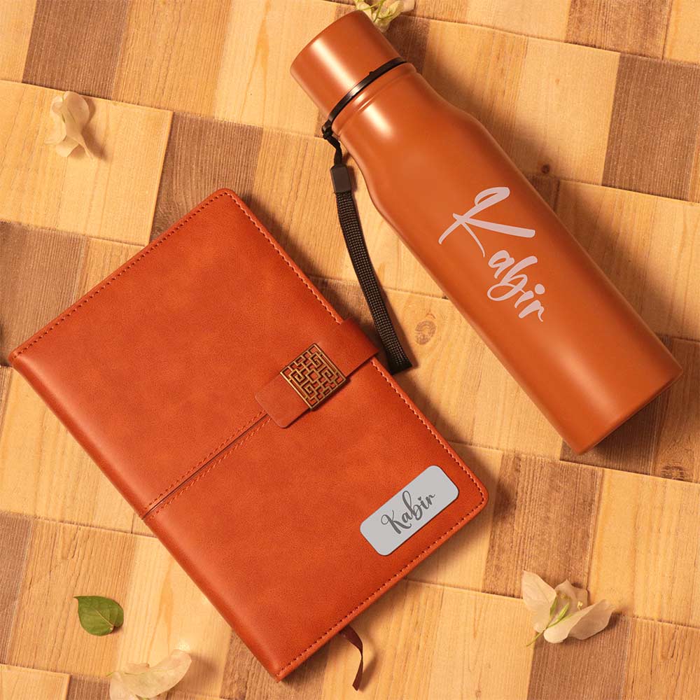 Brown Diary, Bottle, Wallet, Pen, and Keychain Gift Set