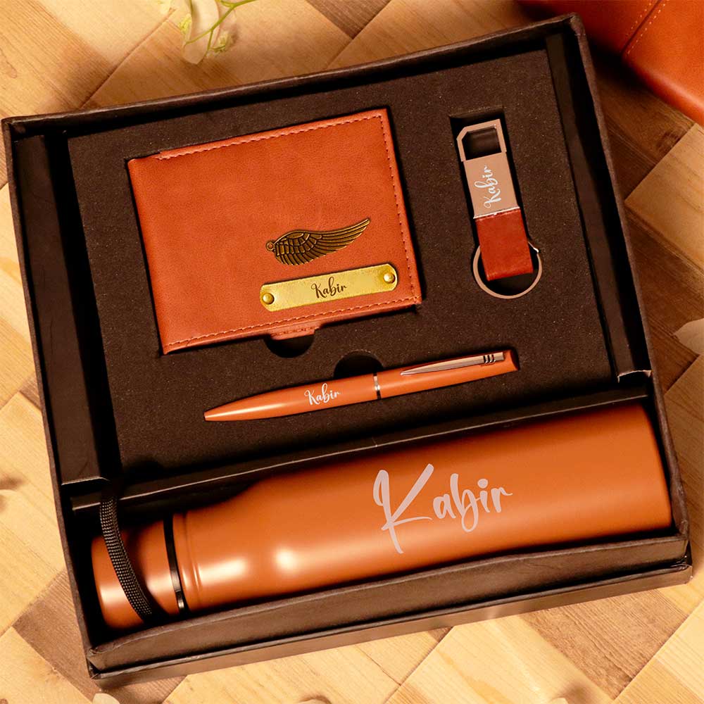 Brown Diary, Bottle, Wallet, Pen, and Keychain Gift Set
