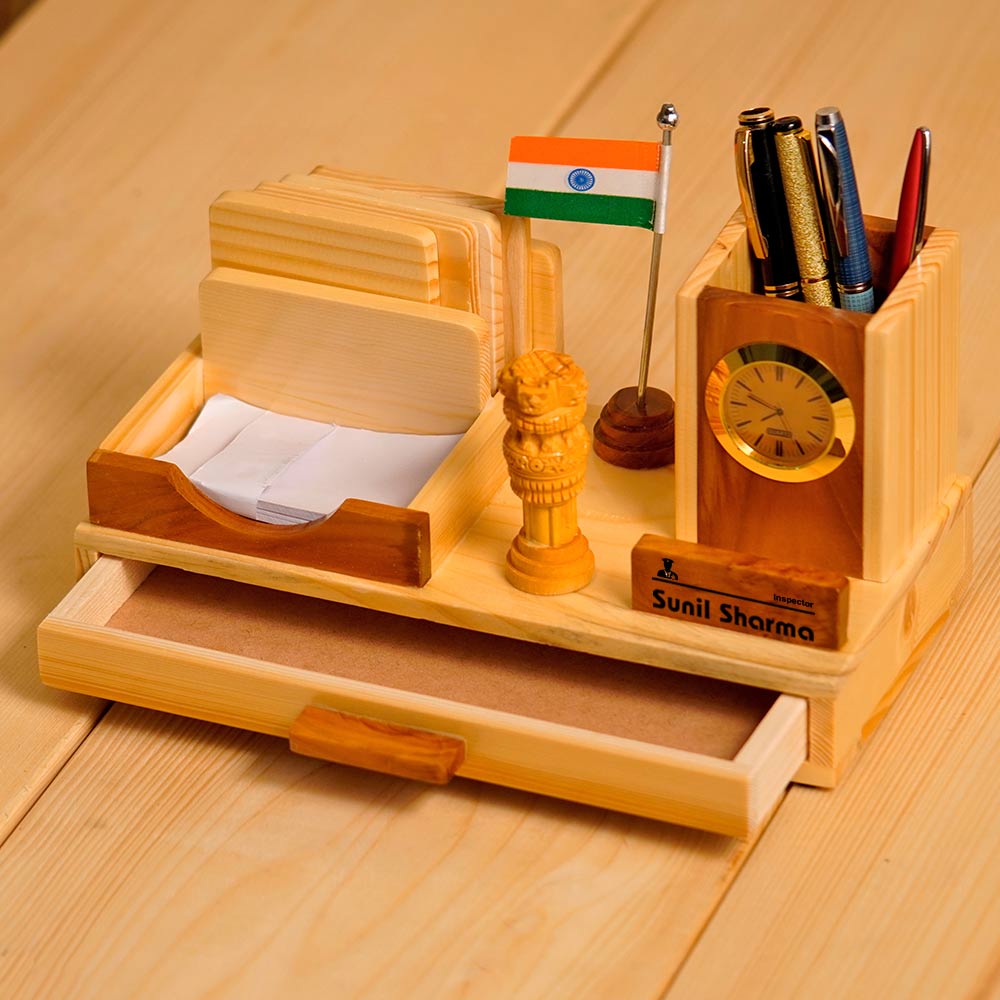 Wooden Pen Stand With Clock, Indian Flag And Ashok Pillar