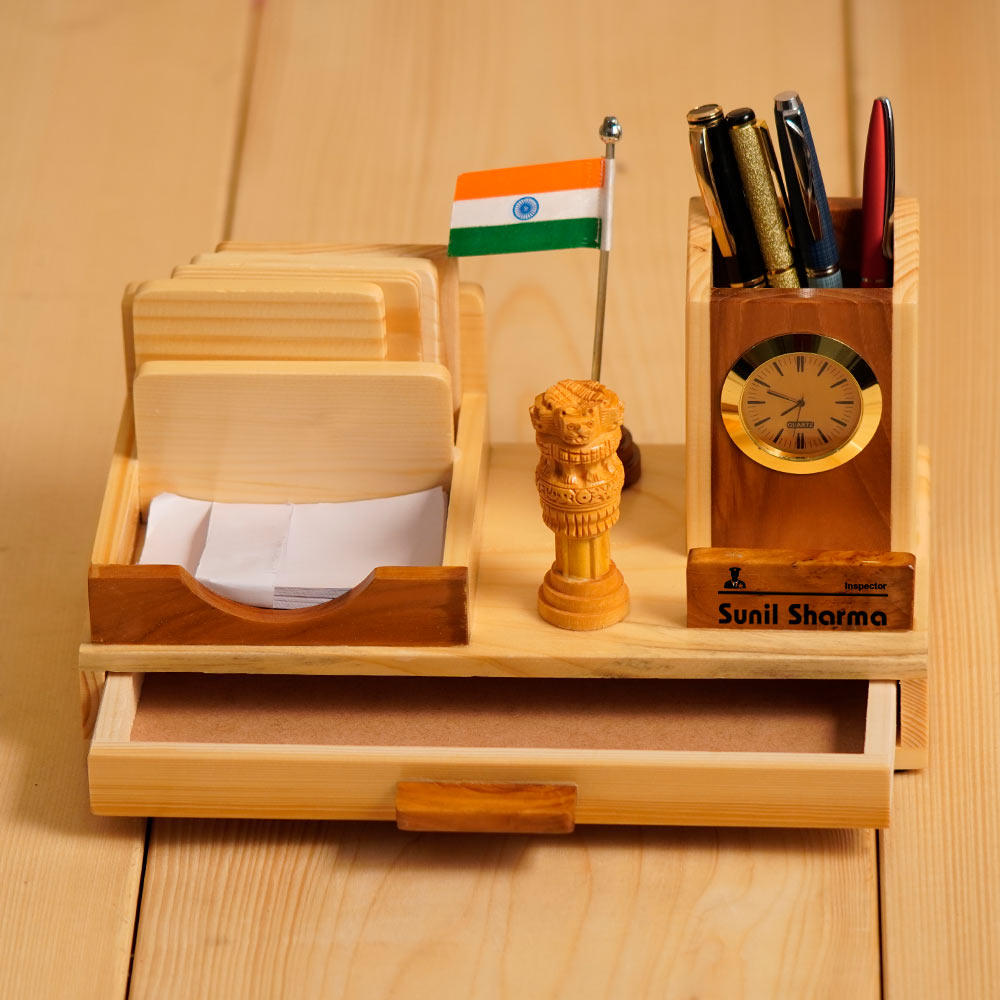 Wooden Pen Stand With Clock, Indian Flag And Ashok Pillar