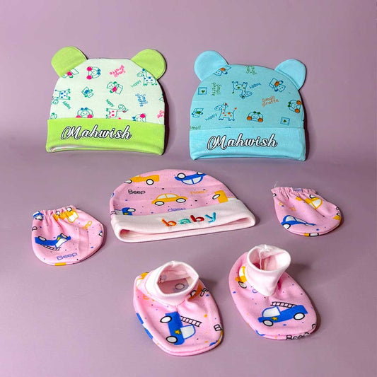 Customize Newborn Baby Cotton Cap, Mitten and Booties Combo Set