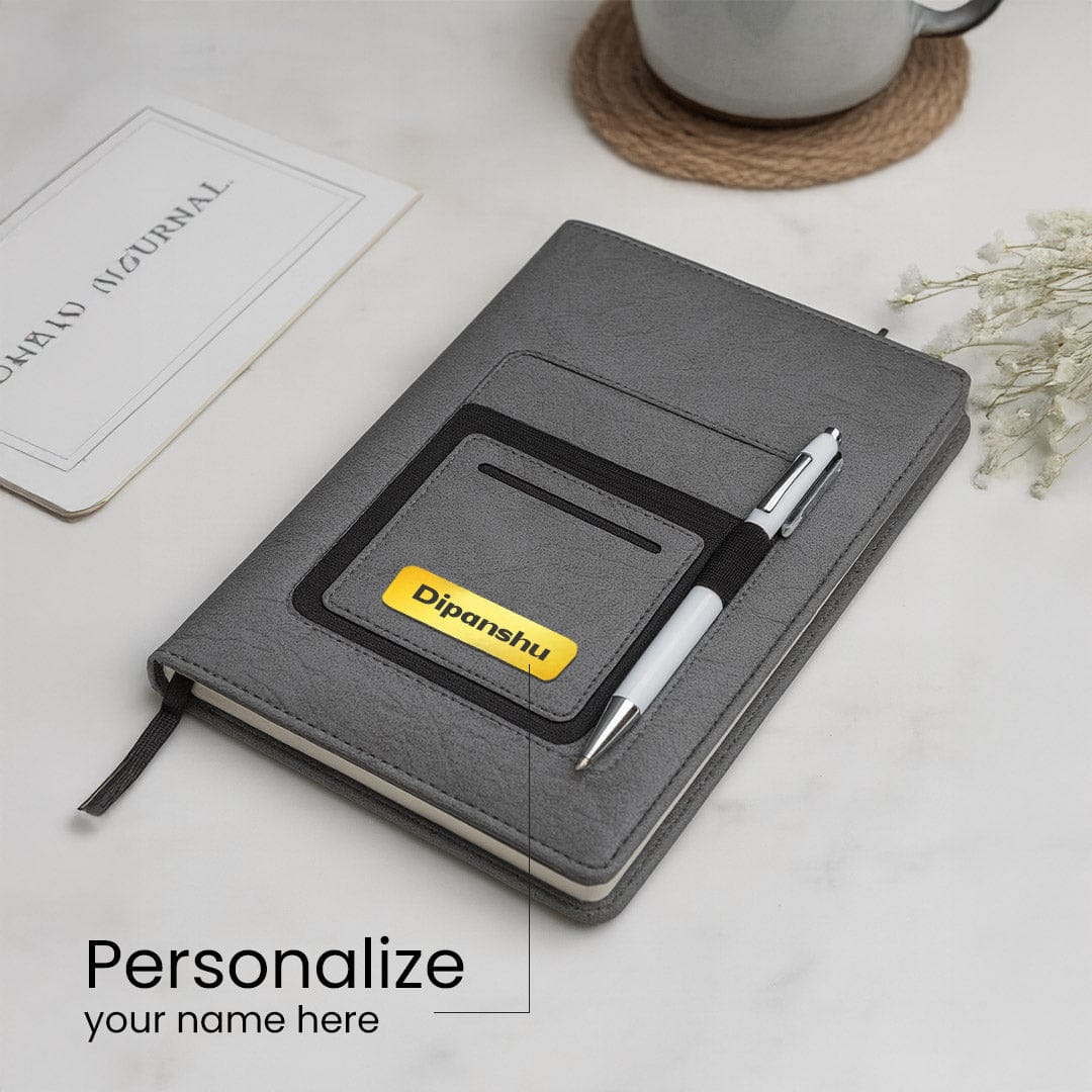 Personalized Grey Notebook with Pen Holder.