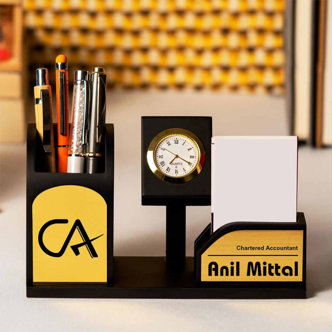 Customized Black Wooden Pen Stand With Clock And Name