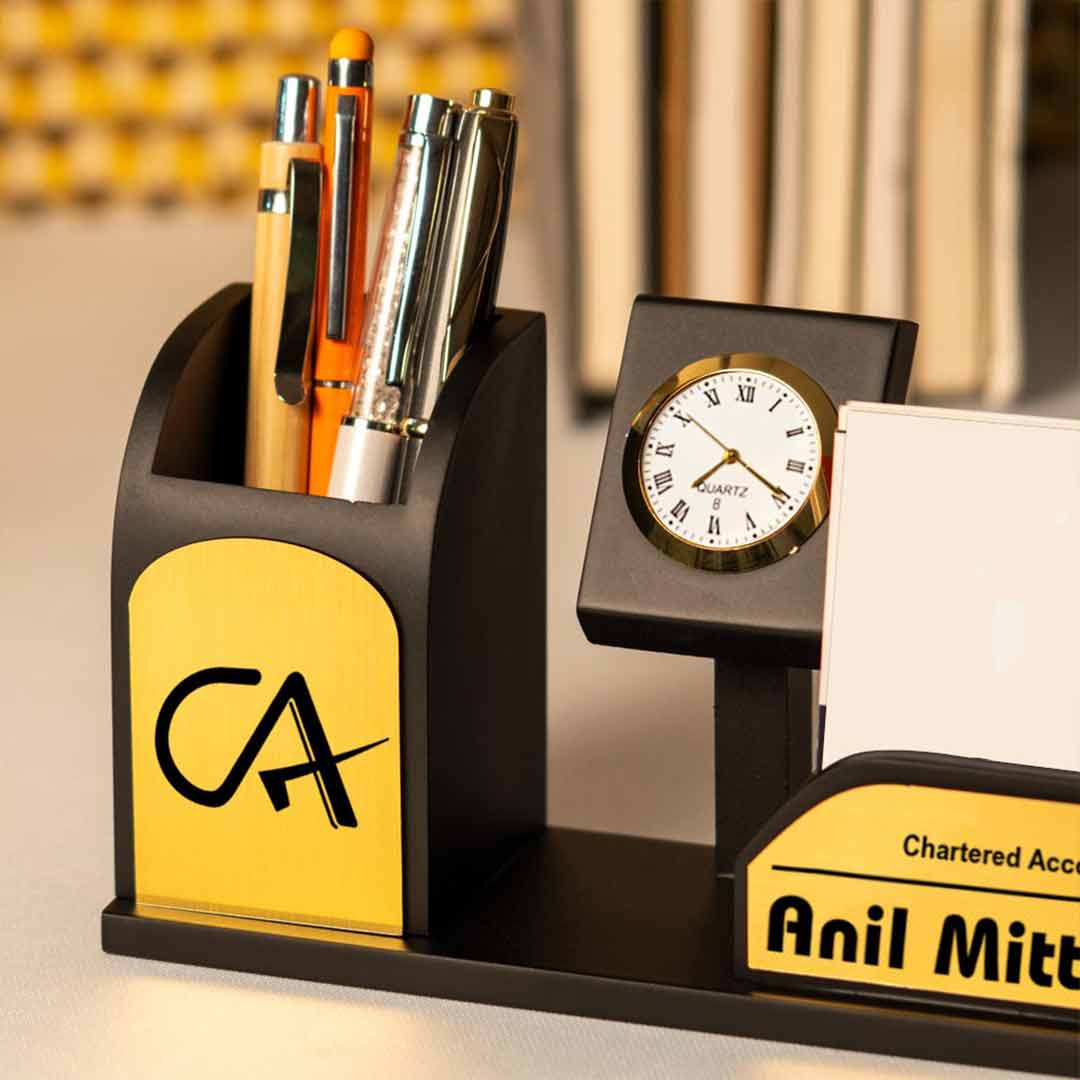 Customized Black Wooden Pen Stand With Clock And Name