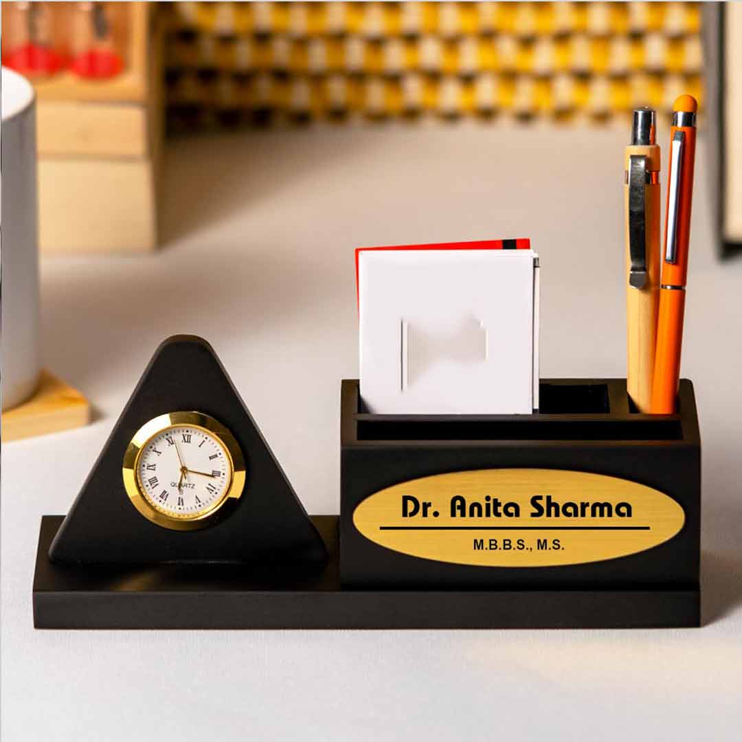 Personalized Black Wooden Pen Stand With Clock And Name